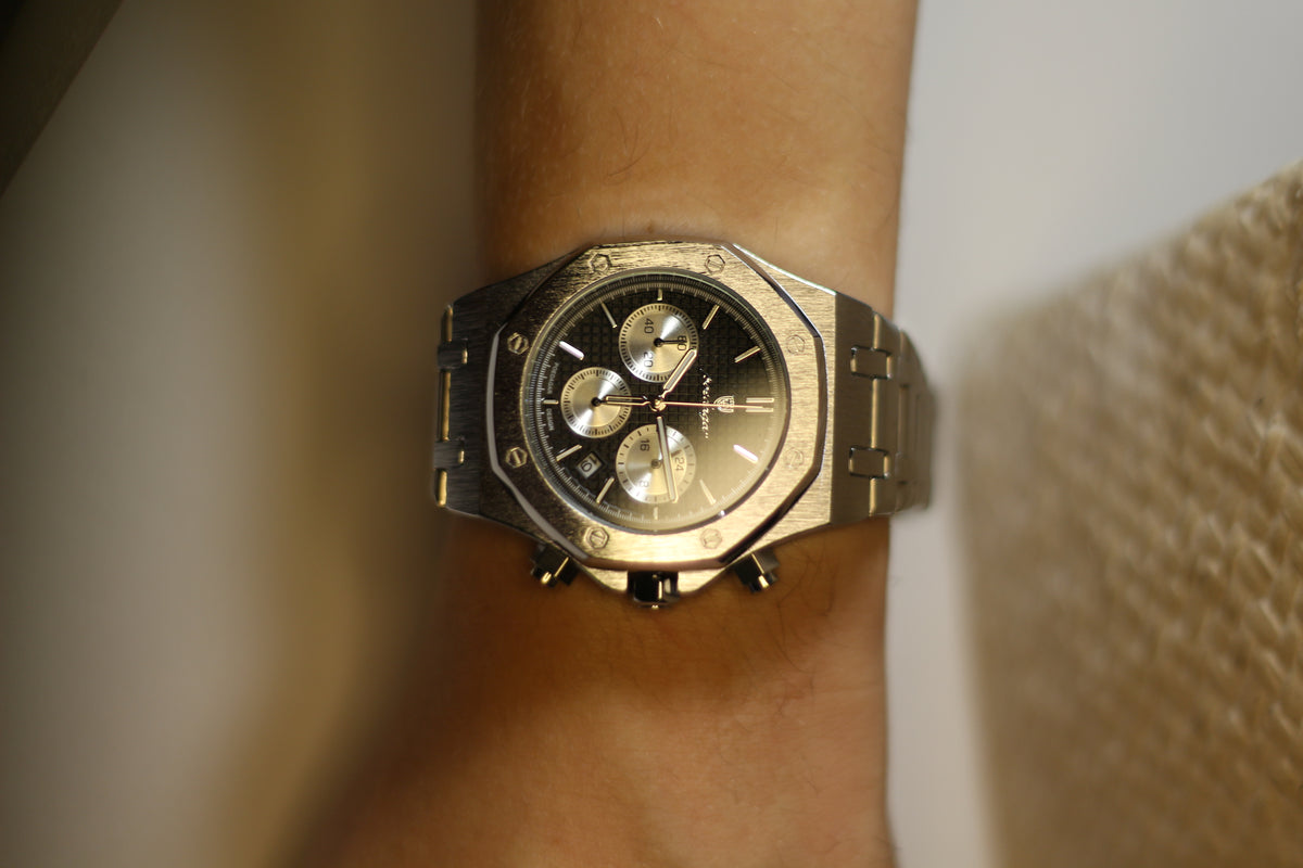 Bartlett 1954 Serov Pro II chronograph in silver with a black dial, worn on the wrist