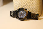 Bartlett 1954 Serov Pro II chronograph, black case and bracelet with a blue dial, angled view