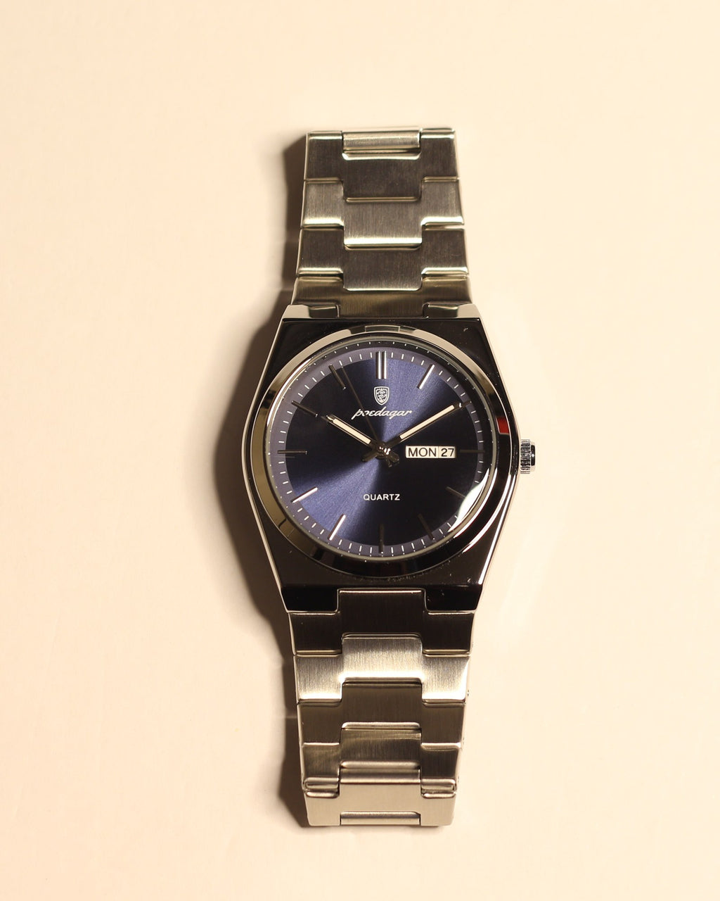 Bartlett 1954 Arvel, silver steel case and bracelet with a blue sunburst dial and day-date, front view