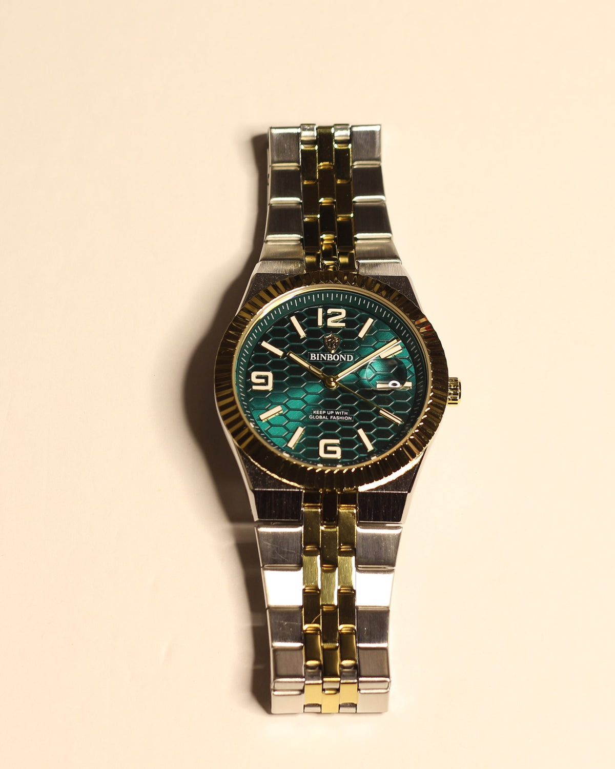 Bartlett 1954 Coralis, two-tone silver and gold bracelet with a green honeycomb dial and gold fluted bezel, front view