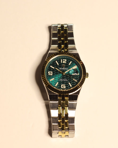 Bartlett 1954 Coralis, two-tone silver and gold bracelet with a green honeycomb dial and gold fluted bezel, front view
