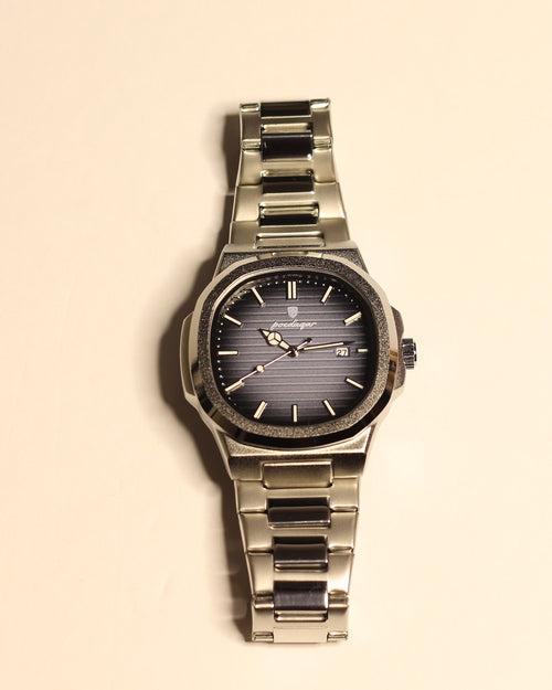 Bartlett 1954 Rivant, silver steel case and bracelet with a grey gradient dial, front view