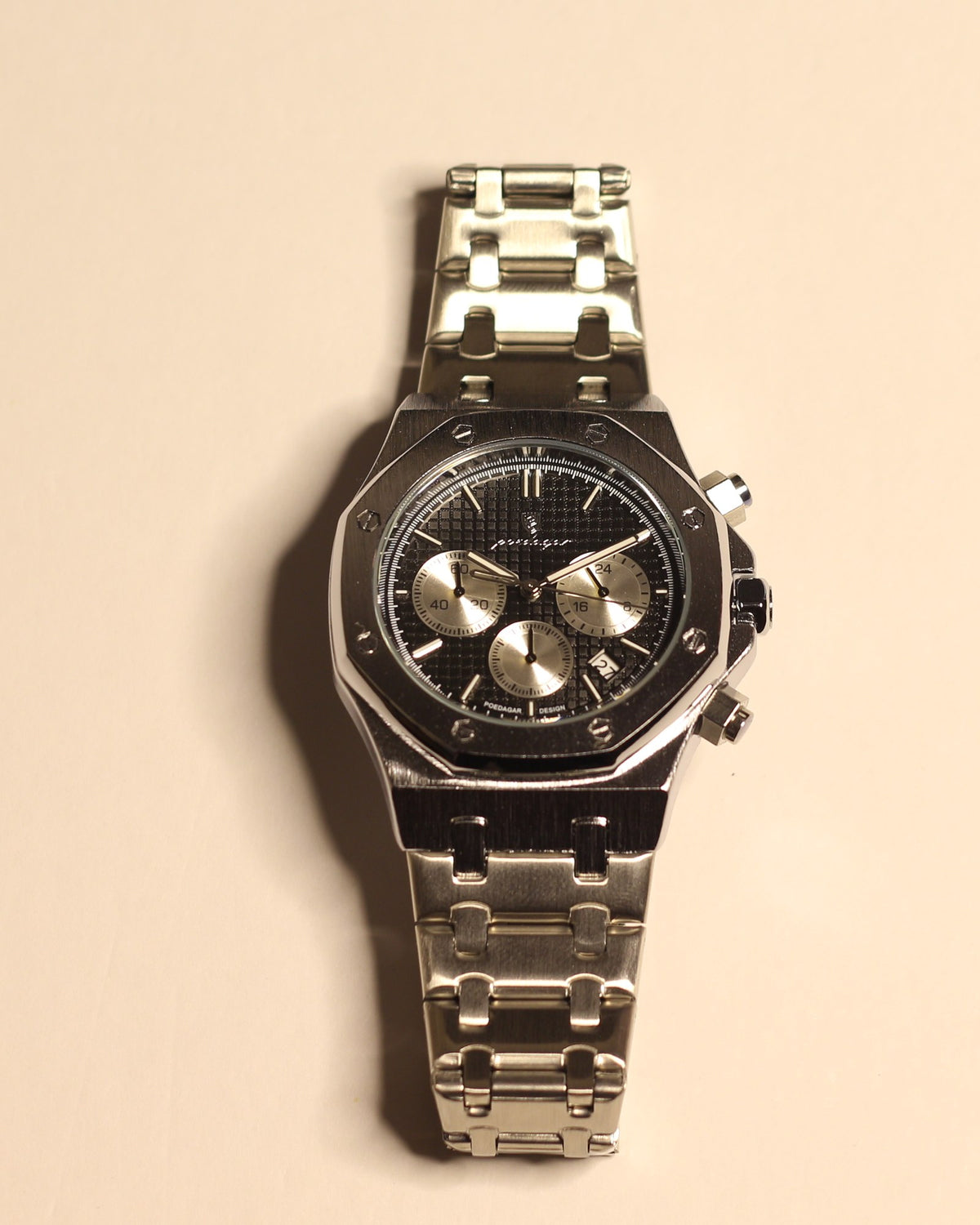 Bartlett 1954 Serov Pro II chronograph, silver case and bracelet with a black dial and silver subdials, front view